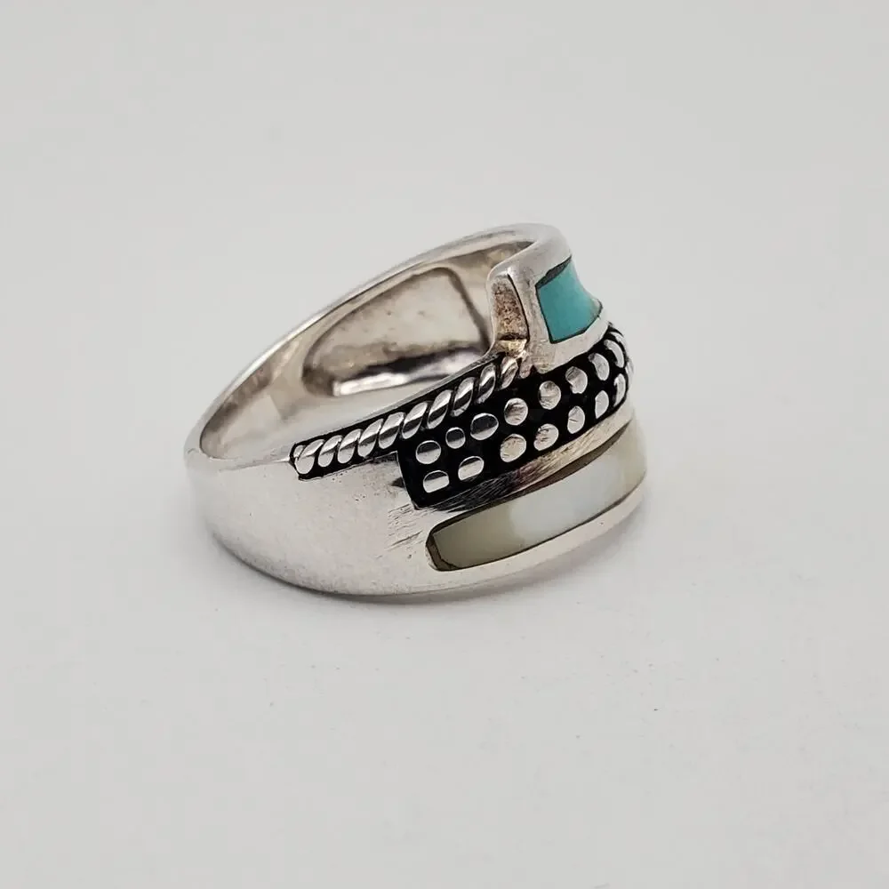Sterling Silver 925 Turquoise & Mother of Pearl Inlay Ring Size 7